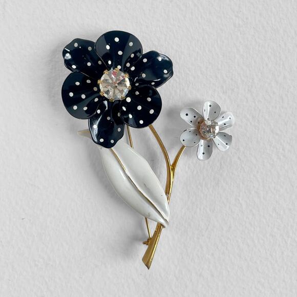 Vintage Giant Avon Black and White Polka-Dot Signed Flower Brooch Pin 70s 80s - Picture 3 of 6